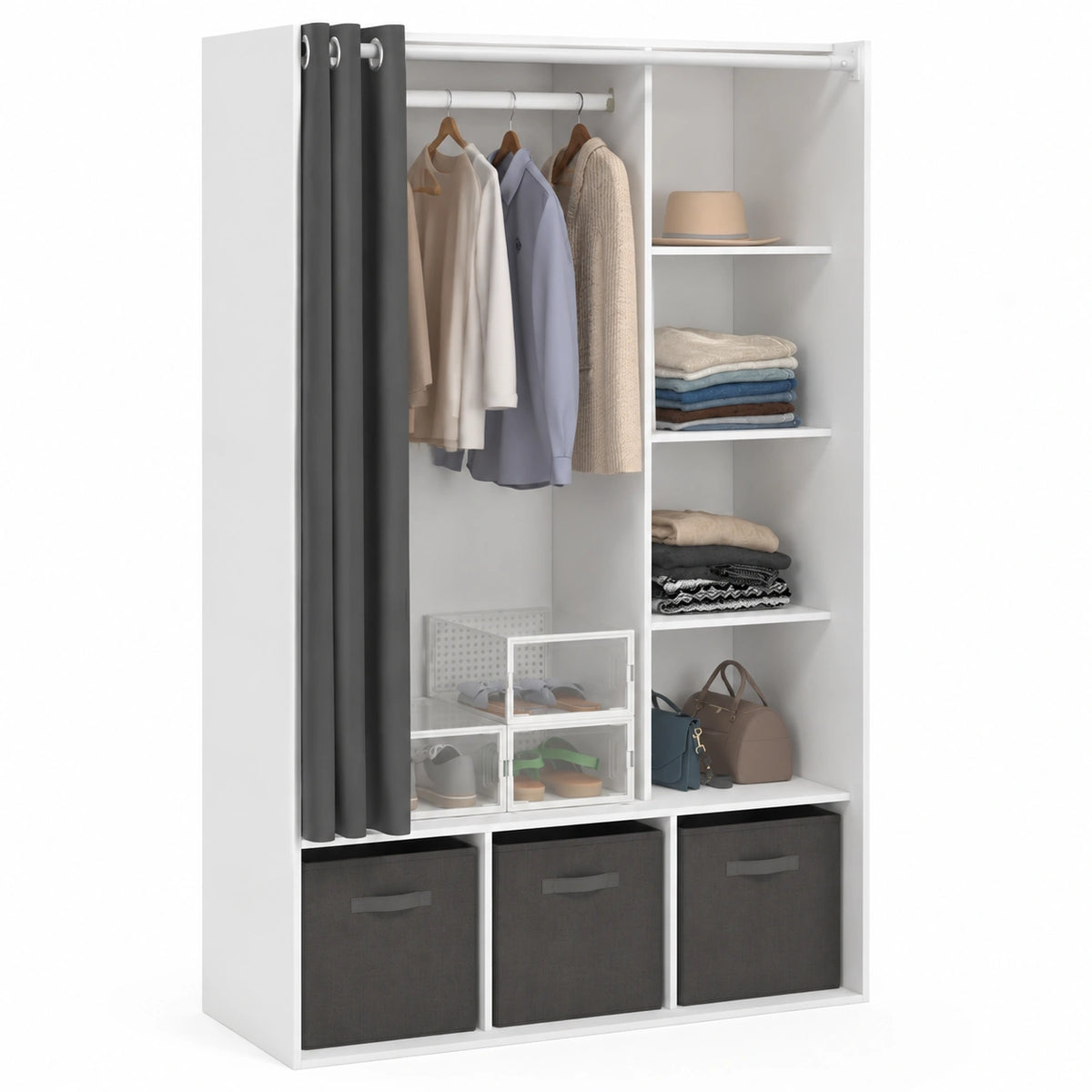 Armoire, avec rangement, avec étagères, coloris blanc et gris, 105 x 45 x 167 cm, pour la chambre