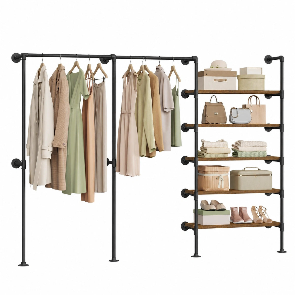 Portant à vêtements, avec étagères, en métal, coloris noir et marron, pour la chambre ou l’entrée