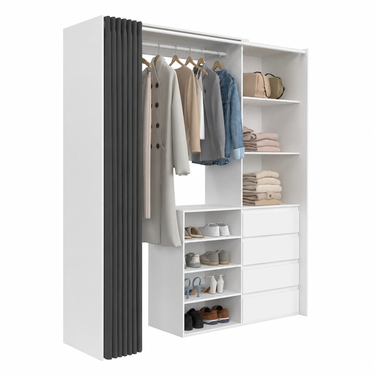 Armoire, extensible, avec tiroirs, avec étagères, coloris blanc et gris, 170 x 50 x 180 cm, pour la chambre