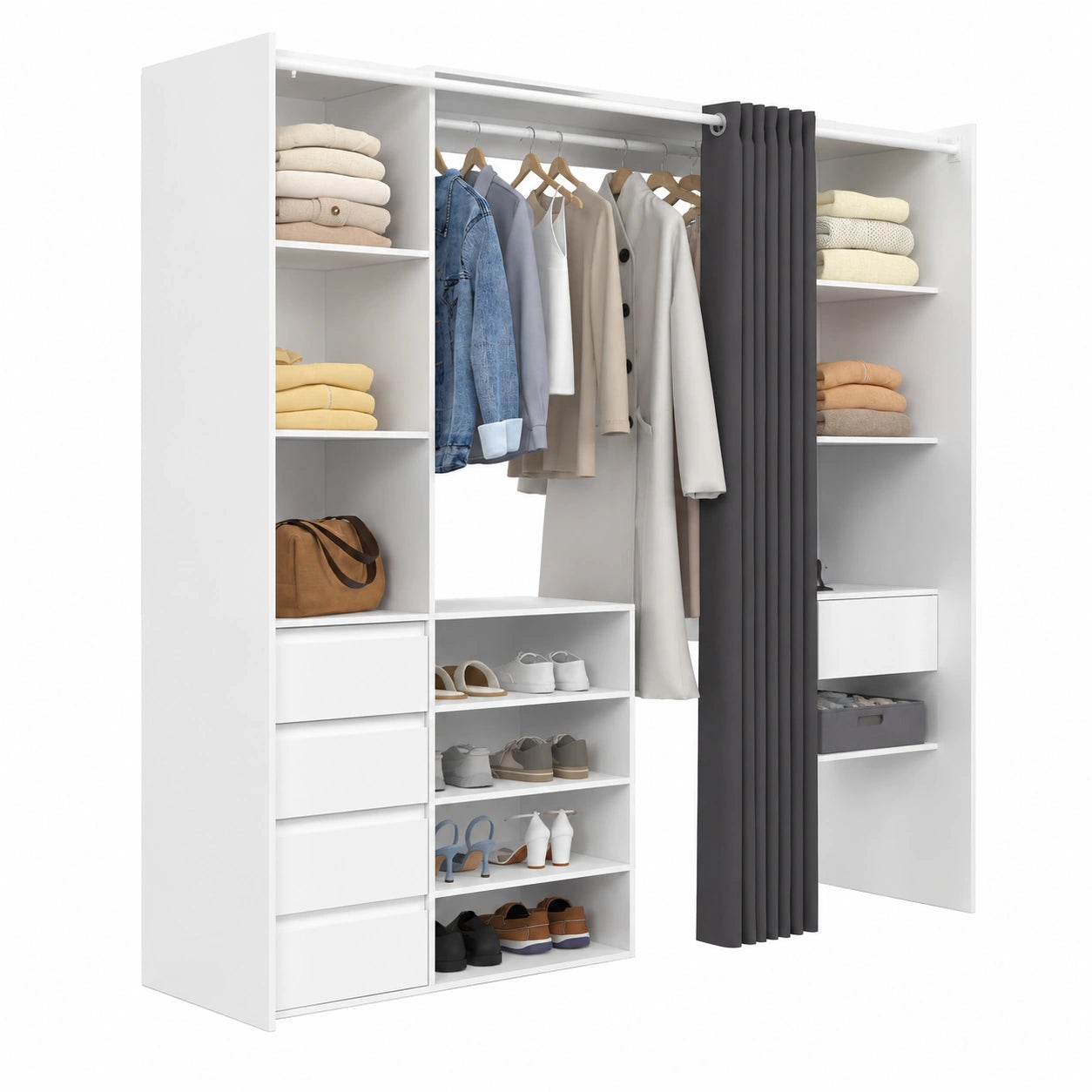 Armoire, extensible, avec tiroirs, avec étagères, coloris blanc et gris, pour la chambre